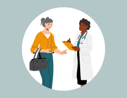 Illustration of a woman talking to a doctor.